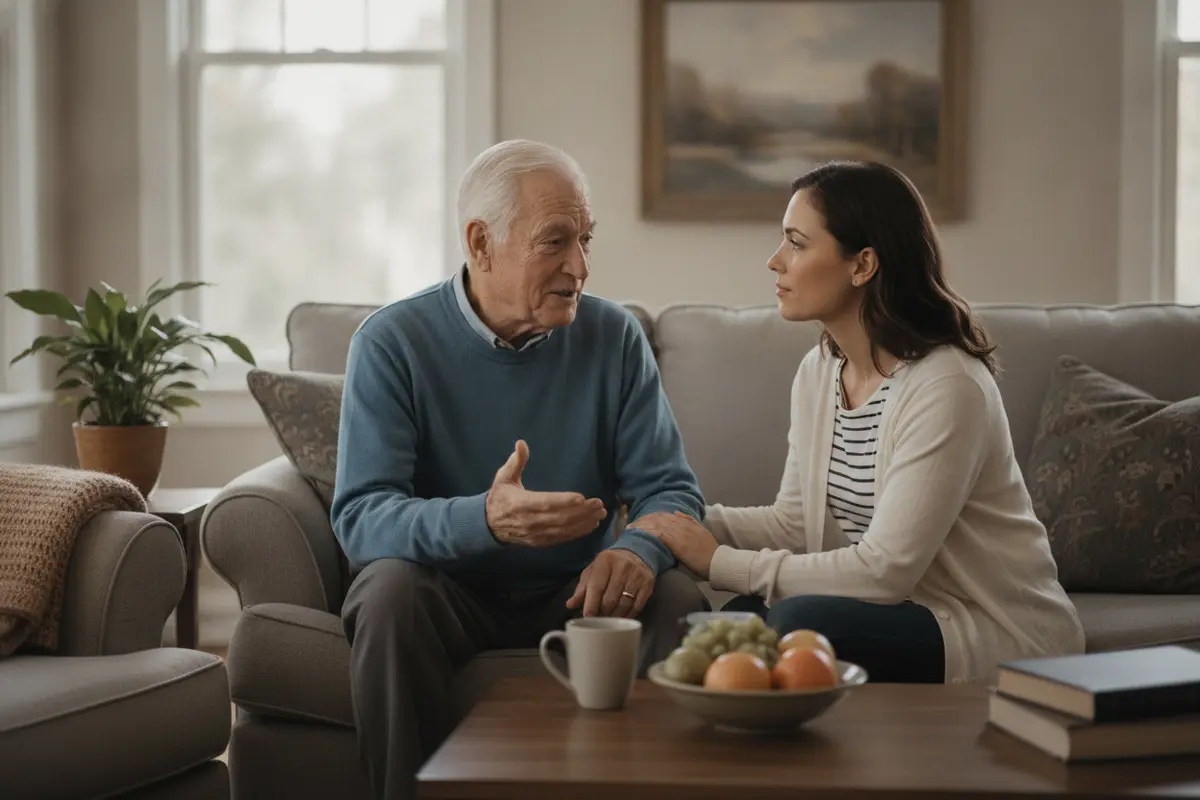 An older adult speaking with a supportive family member in a calm living room