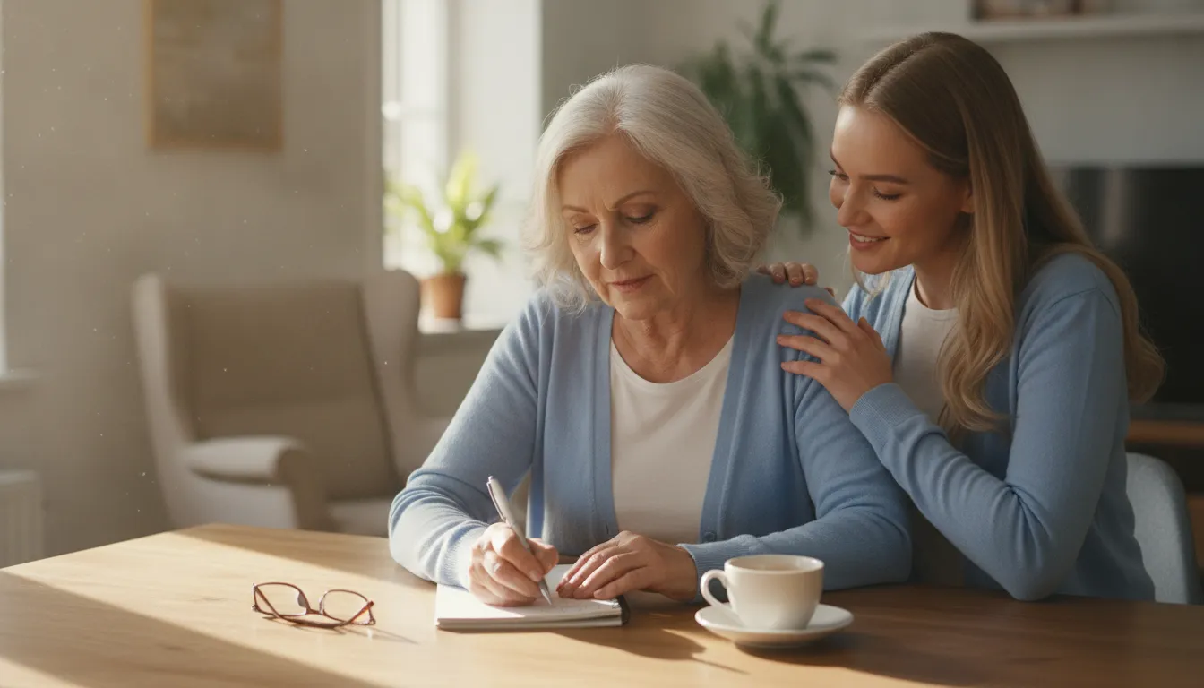 Senior writing questions for a medical appointment with family support