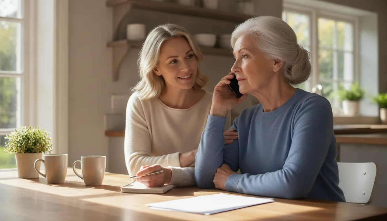 Senior and family caregiver calmly contacting support during a mental health crisis