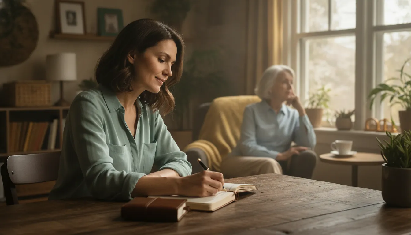 Adult daughter reflecting on healthy boundaries with an elderly parent