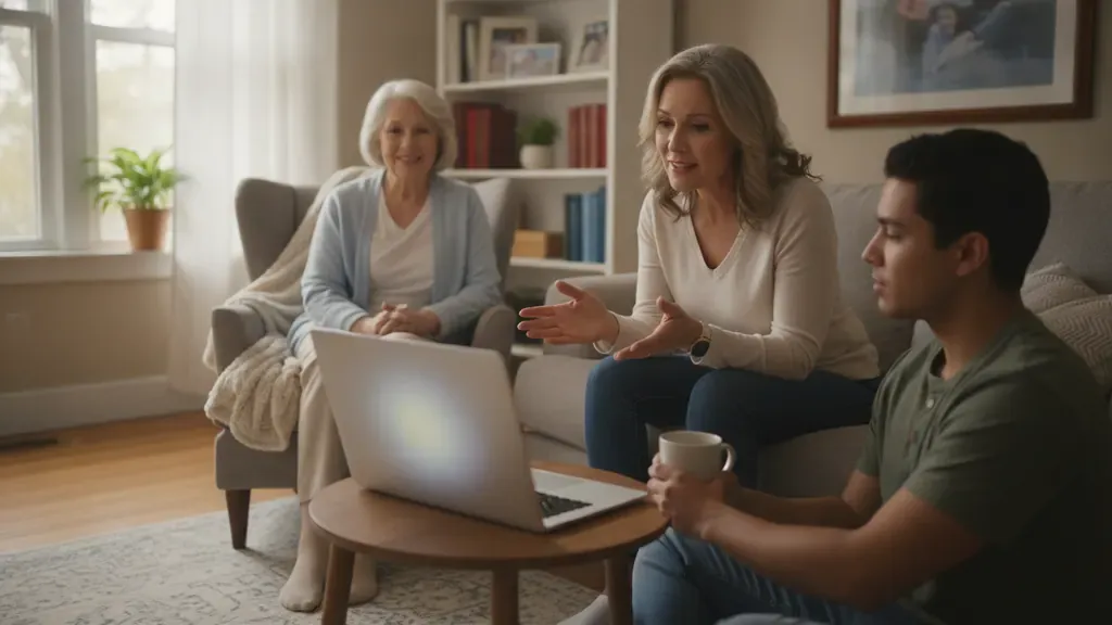 Family caregiver discussing support options with a therapist while an older adult joins by video