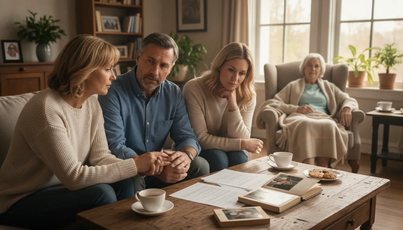 Adult siblings creating a united caregiving plan for an elderly parent