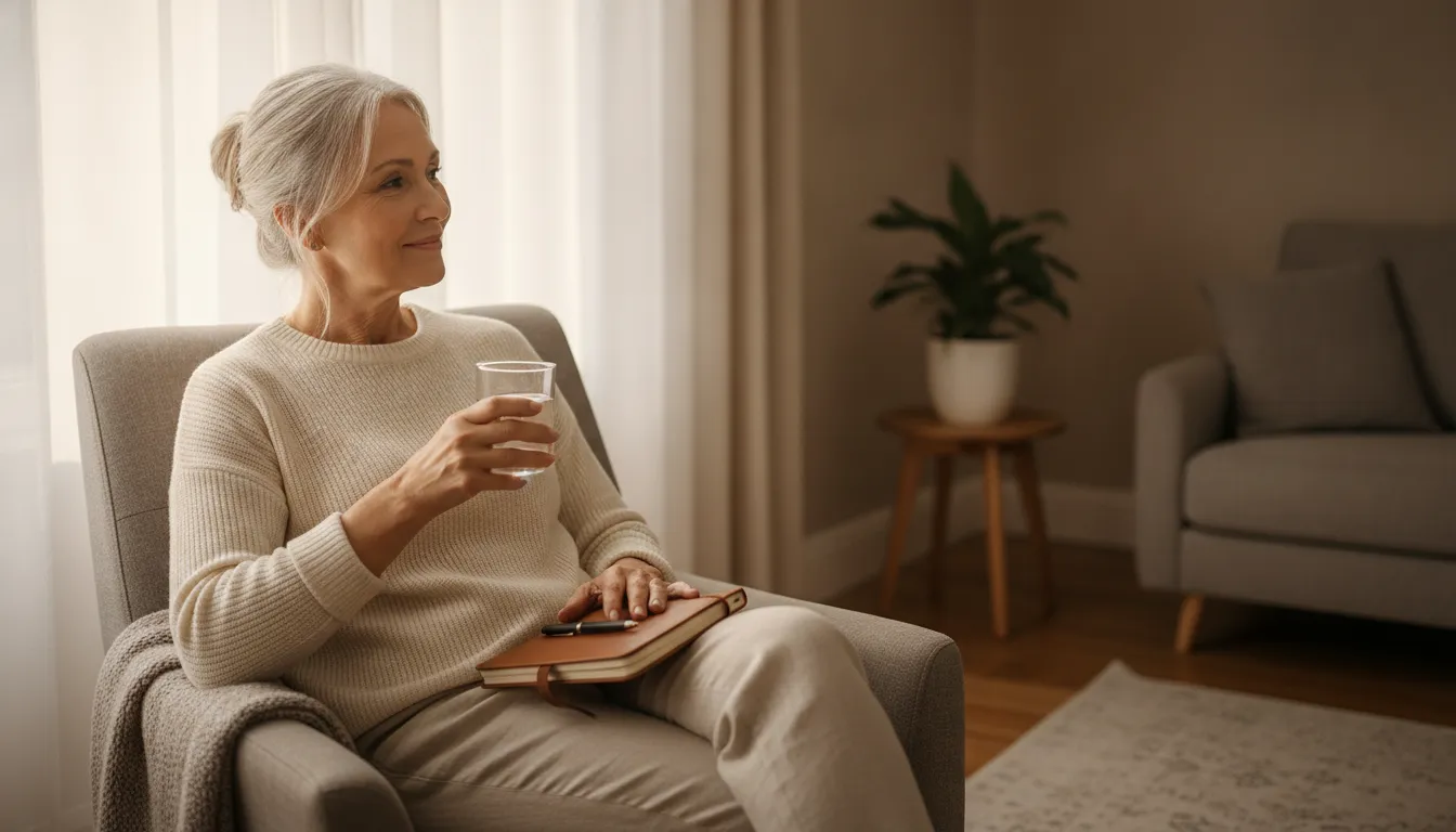 Older woman resting with water while monitoring her energy at home