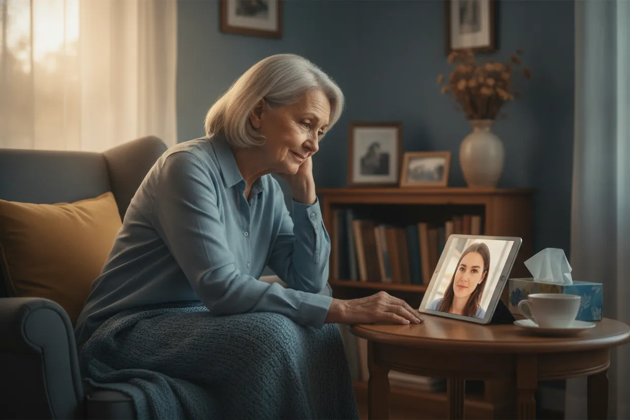 Older adult speaking with a compassionate therapist by video call at home