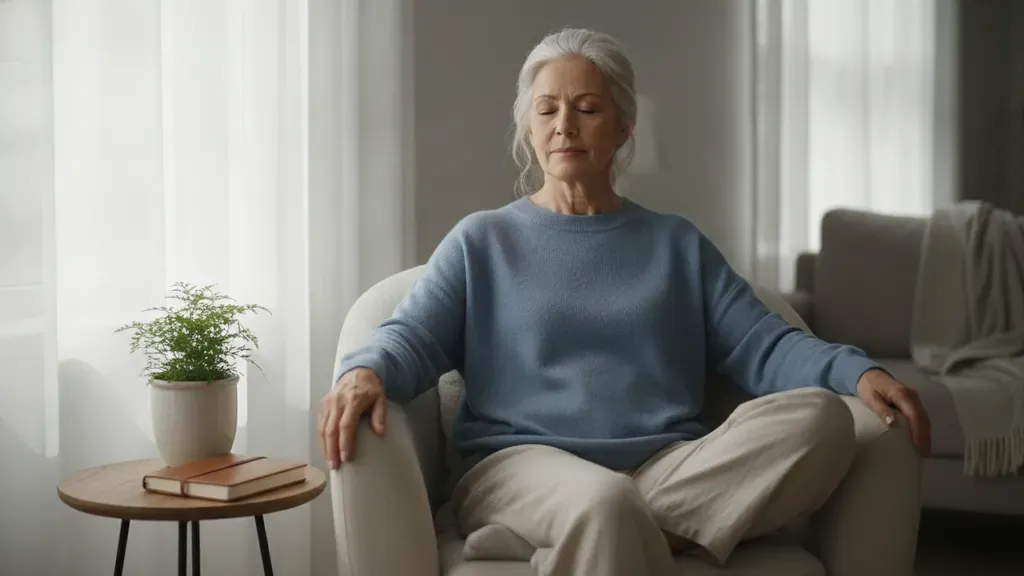Older adult practicing coping skills after a health crisis at home