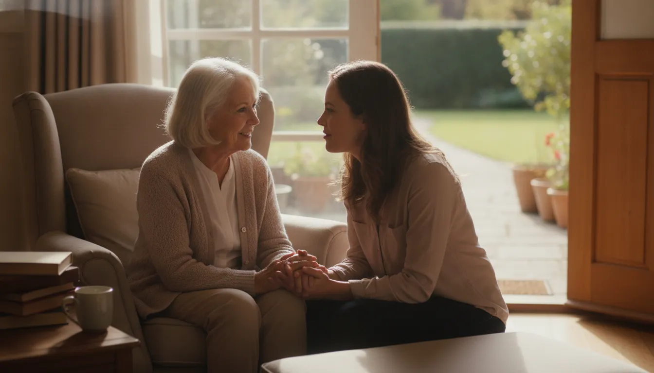 Older adult speaking with a counselor during a phone or video teletherapy session at home