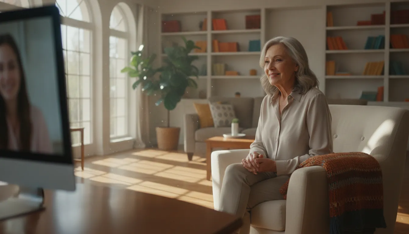 Older adult participating in individual teletherapy from a comfortable home setting