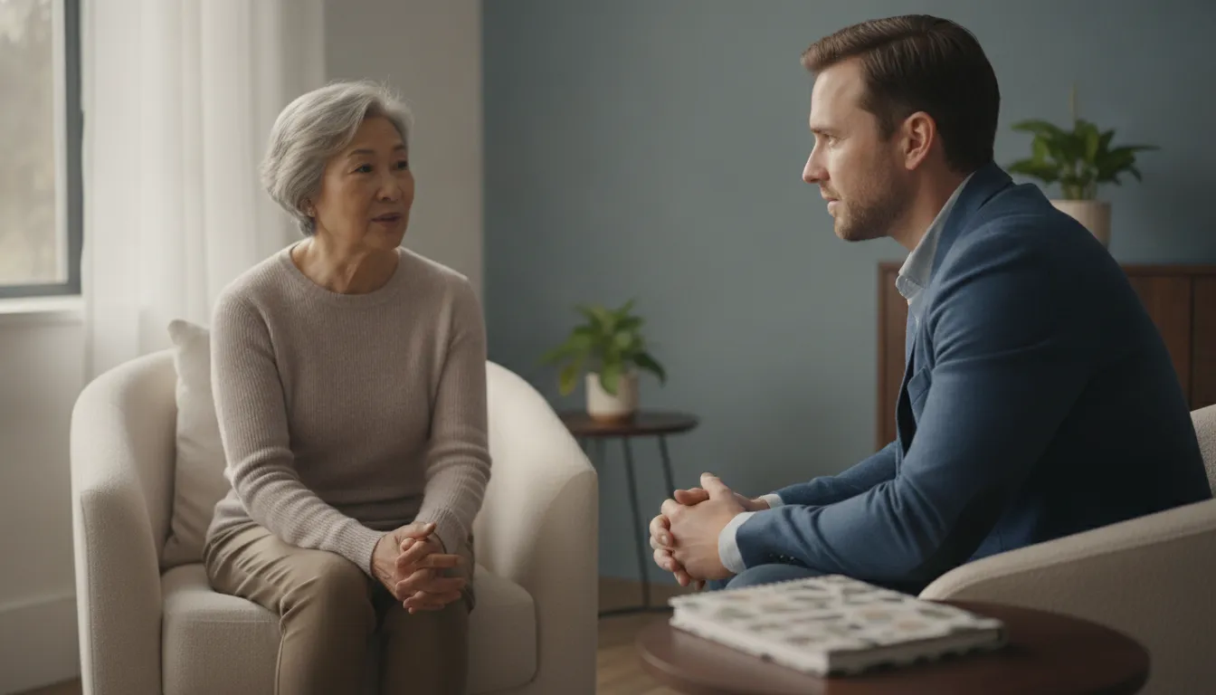 Clinician discussing an older adult's mental health screening results