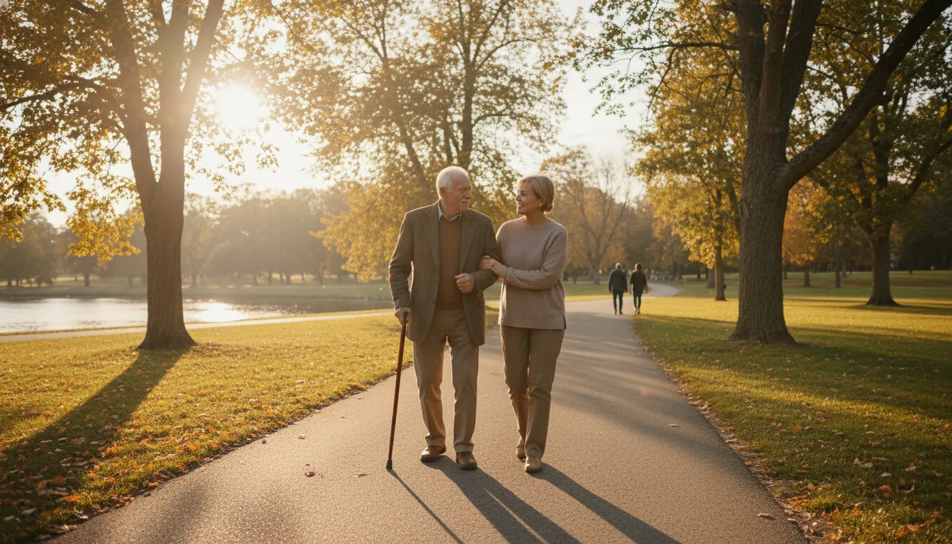 Older veteran and family member walking together while exploring support for PTSD