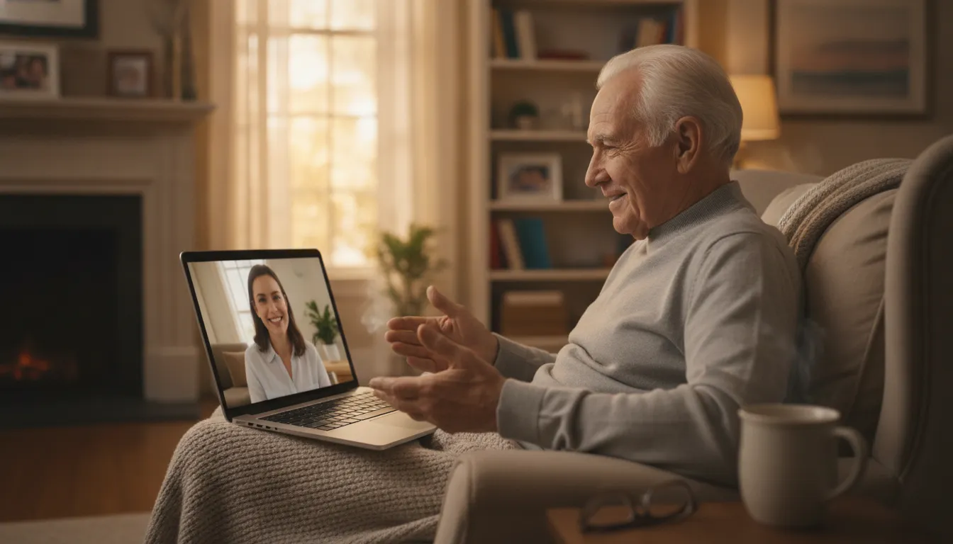 Older man talking with a counselor by video call during teletherapy