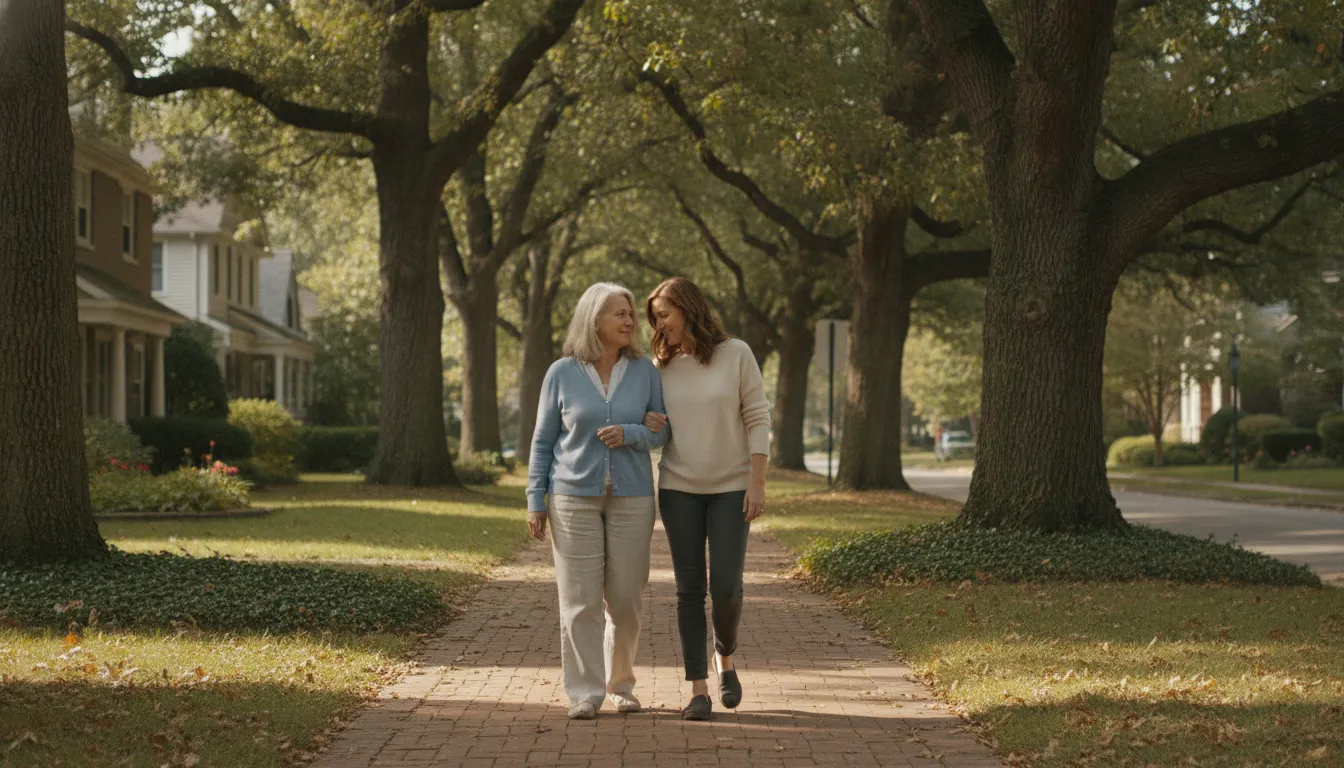 Older adult and family member talking during a supportive walk