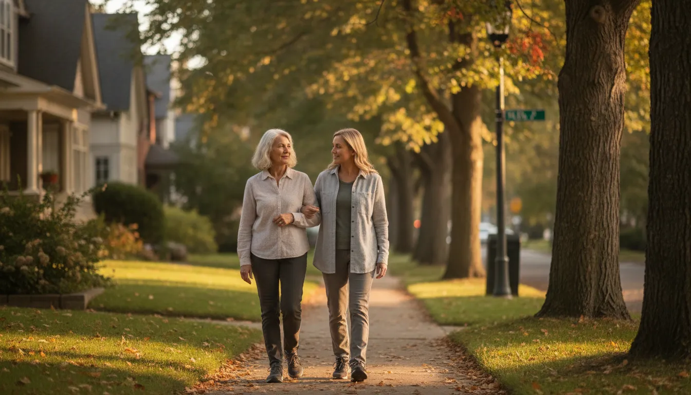Older adult walking with a trusted friend after a life transition