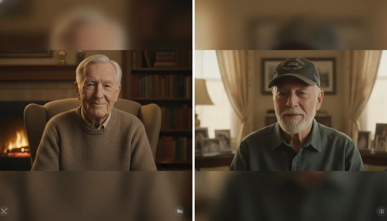 A senior veteran speaking with a counselor over a gentle video call from his living room