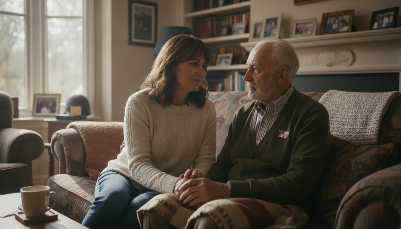 An adult daughter sitting beside her elderly veteran father in a warm home living room