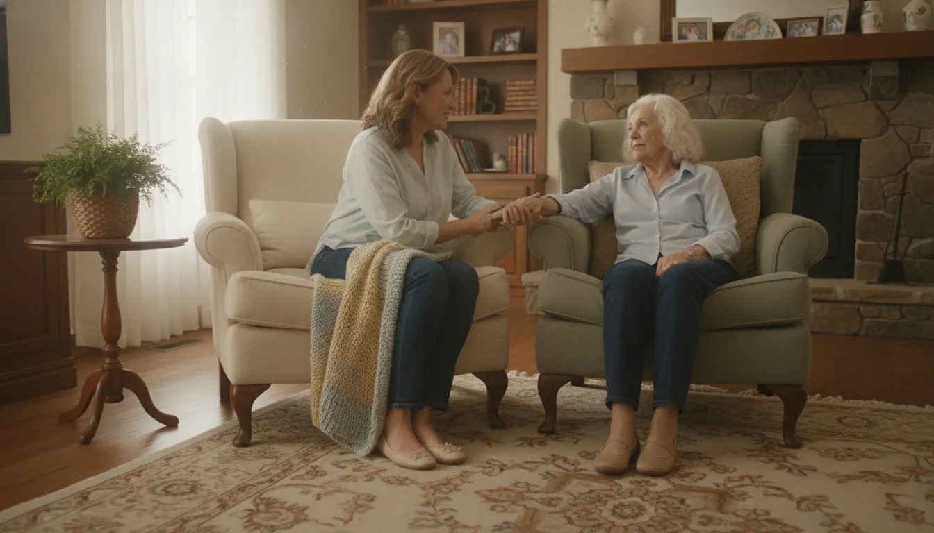 Daughter comforting her elderly mother who is grieving in a warm living room