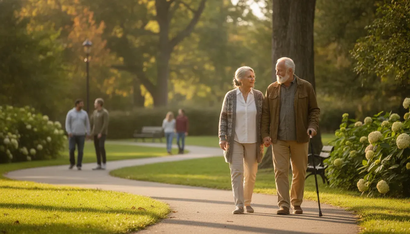 Older adults taking a supportive walk to rebuild social connection after a major life change