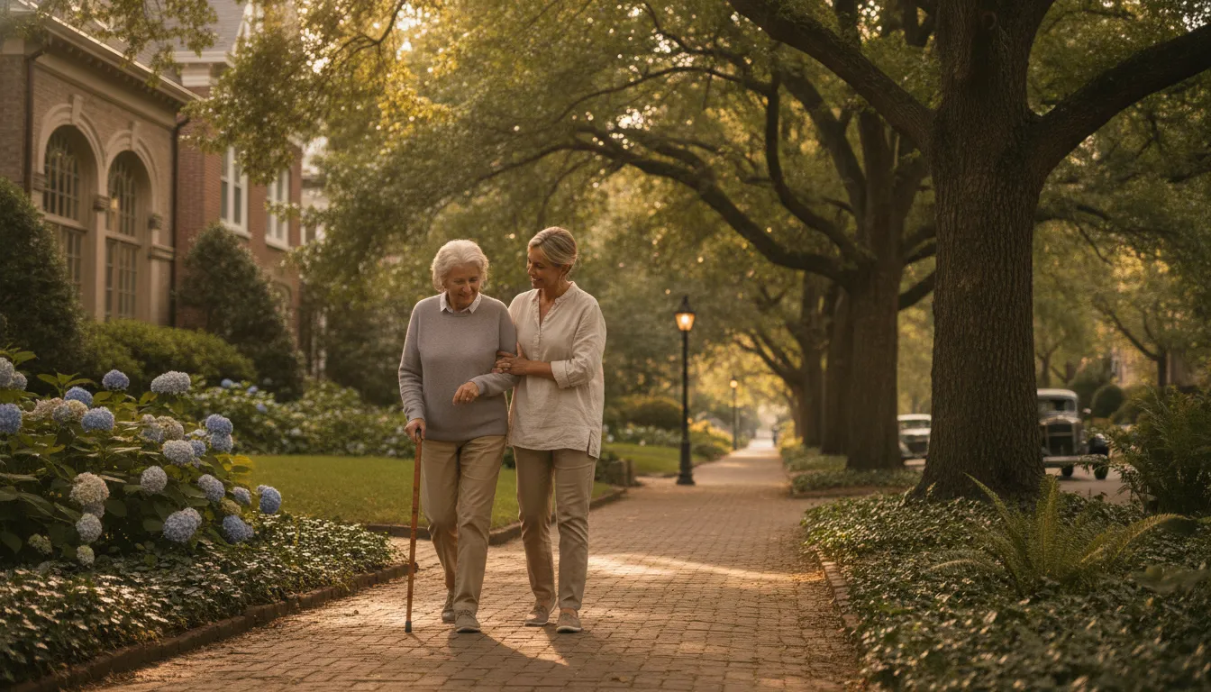 Older adult and caregiver taking a supportive walk together