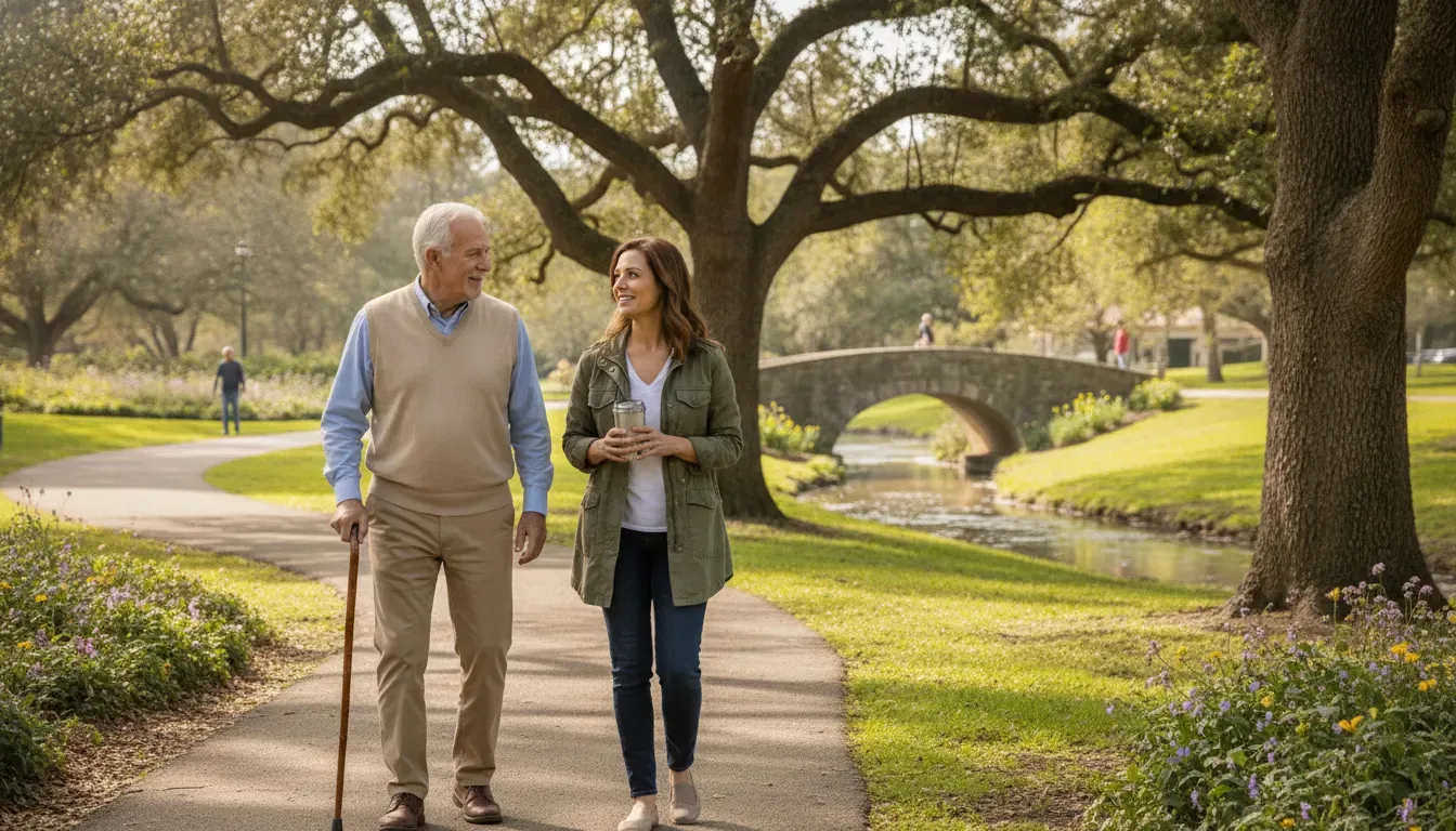 Older widower taking a supportive walk with an adult daughter after spousal loss