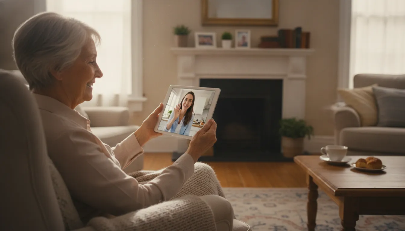 Smiling elderly woman video chatting with her adult daughter on a tablet in a cozy living room