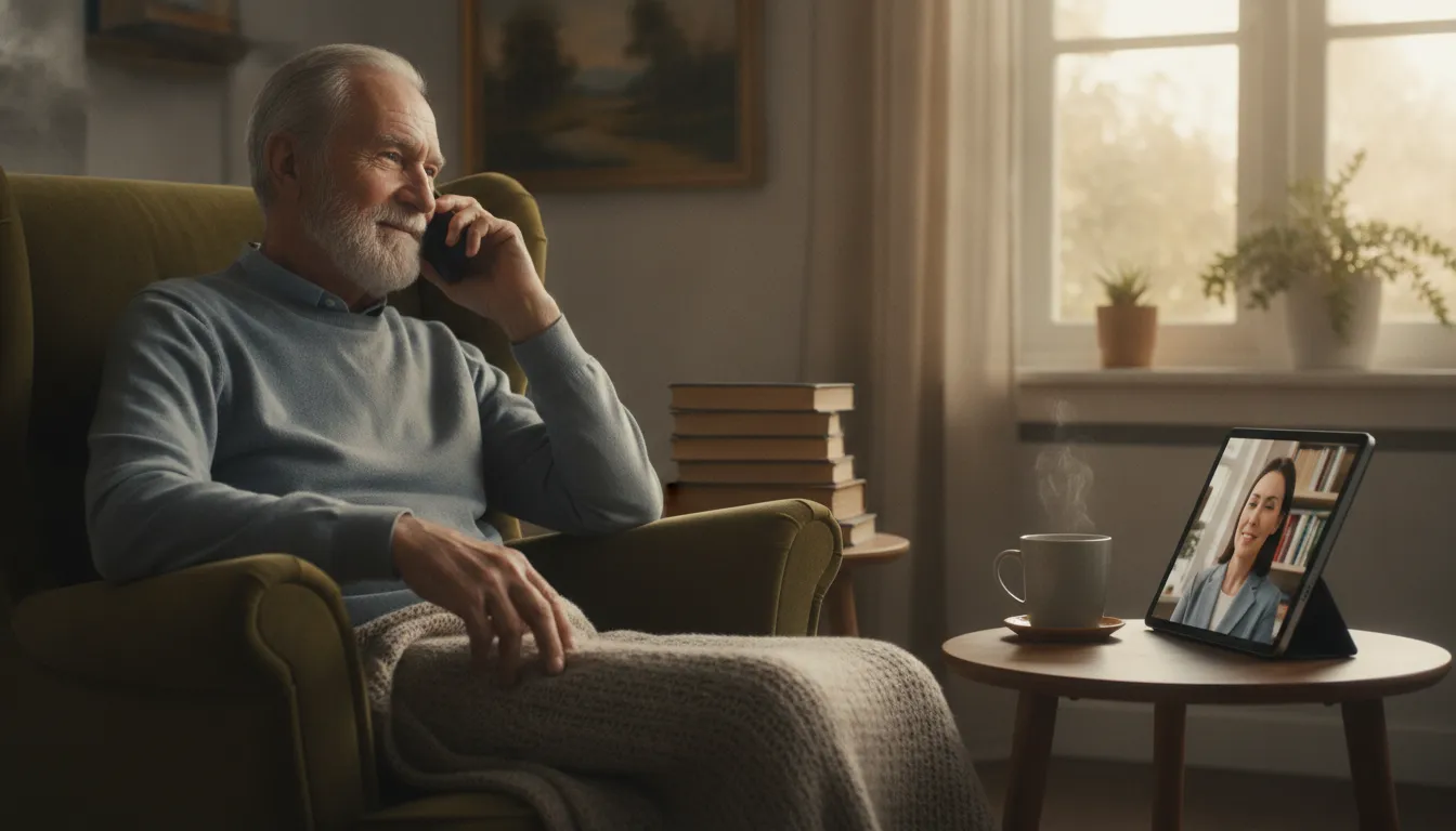 Elderly man having a warm phone conversation with a therapist while sitting in a comfortable armchair at home