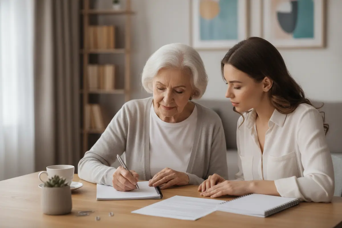 Older adult and family member writing down questions for a prescribing clinician