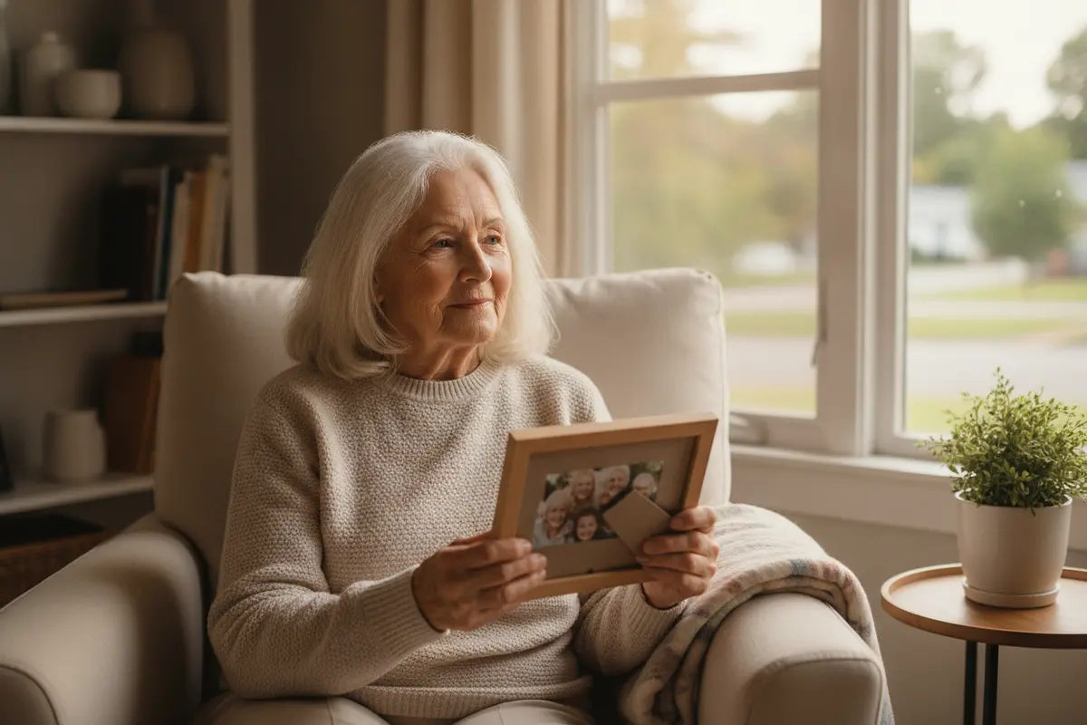 Older adult reflecting on family memories in a quiet home