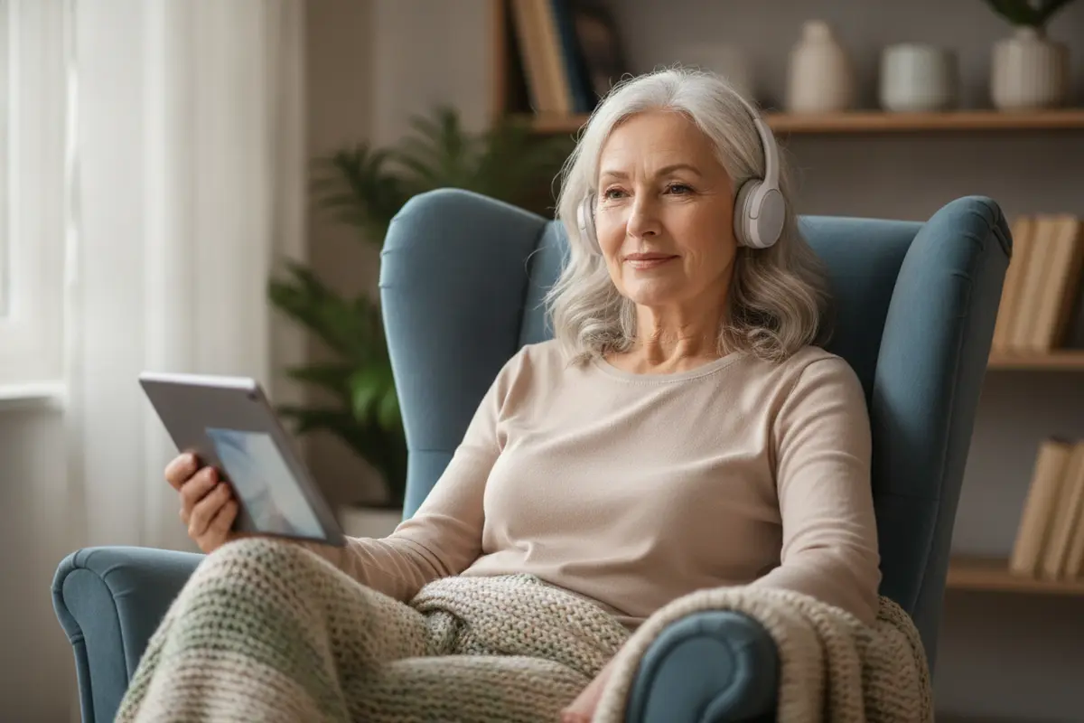 Older adult speaking with a counselor during a calm teletherapy session at home