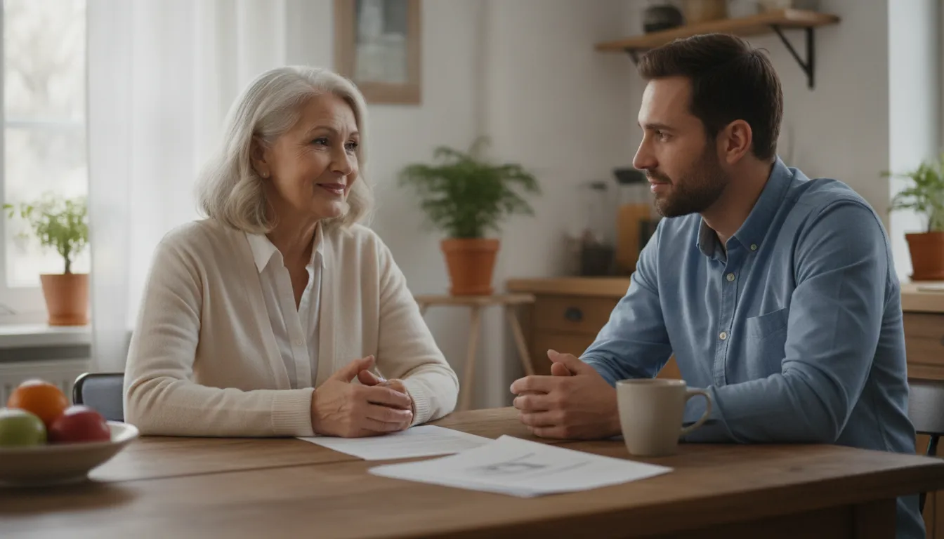 Older adult and caregiver discussing a post-hospital recovery routine at home