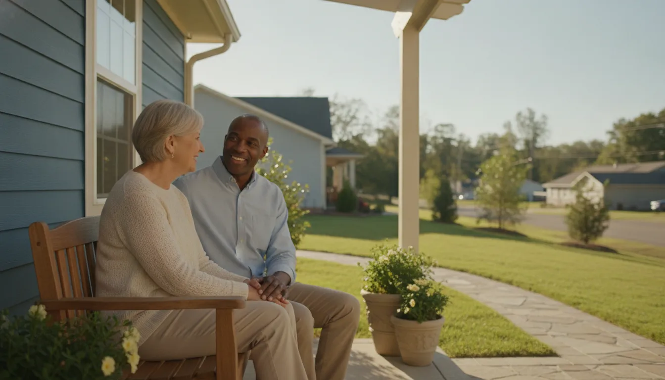 Older adult talking with a neighbor after moving to a new home