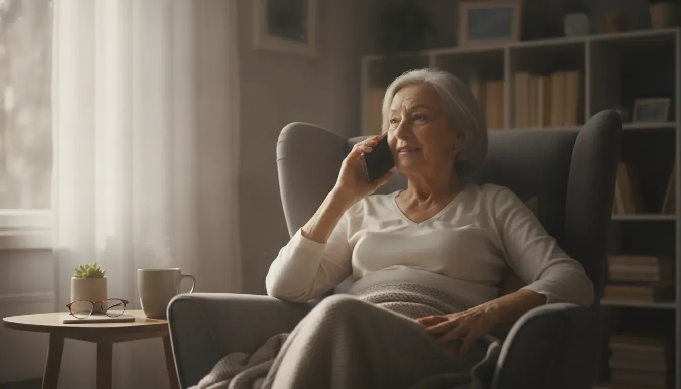 Senior speaking with a therapist by phone during individual teletherapy
