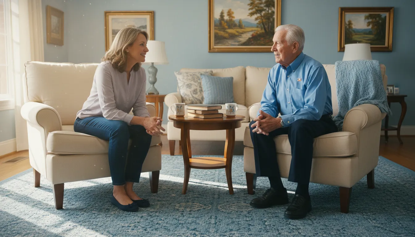Family listening supportively during a conversation about elderly veteran PTSD help