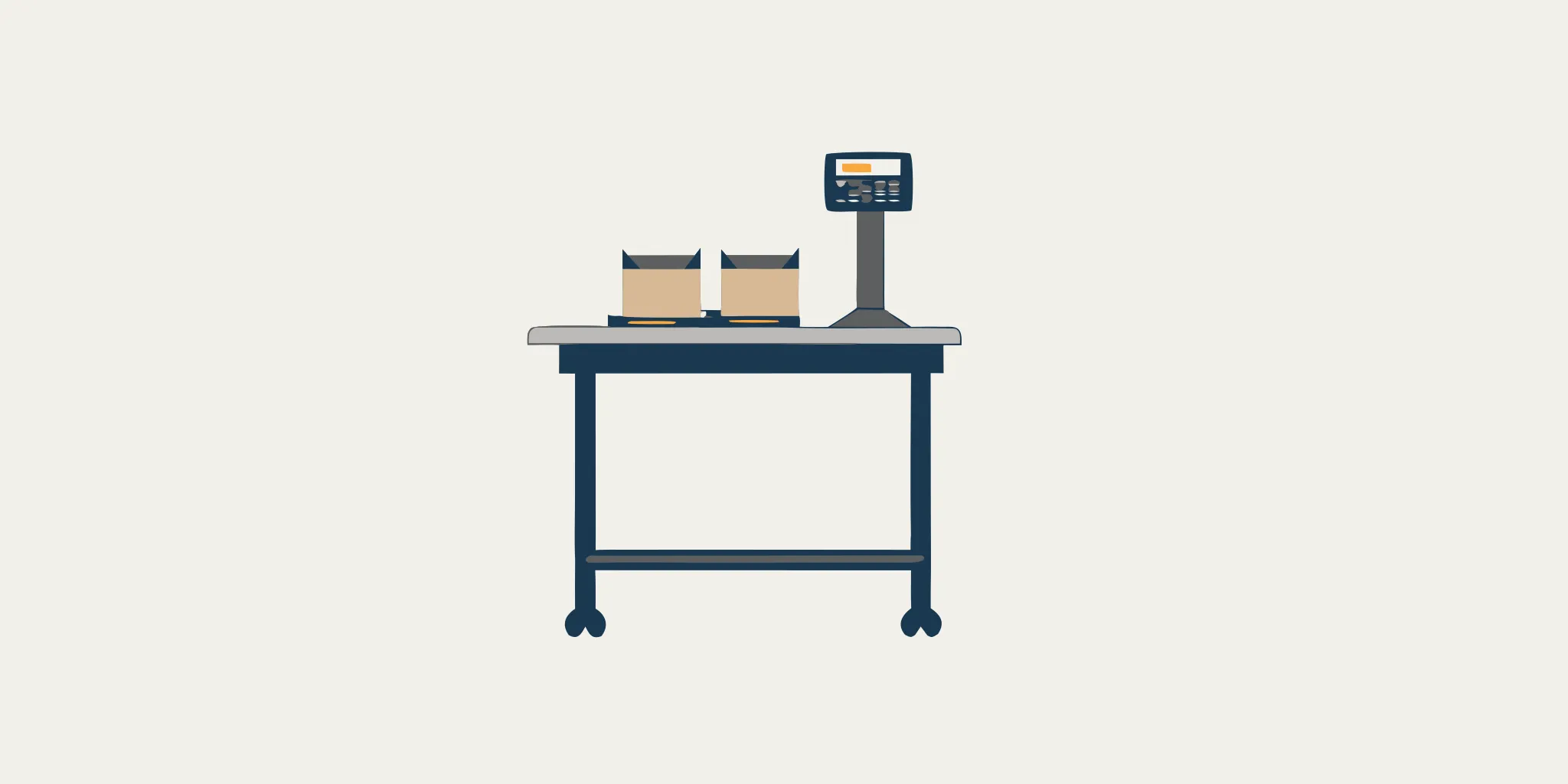 Industrial bench scale on a stainless steel worktable used for weighing food boxes in a distribution warehouse