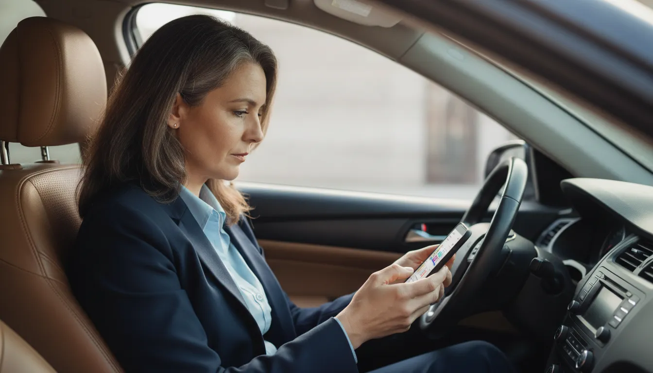 Pharma sales representative reviewing a smartphone in a parked car