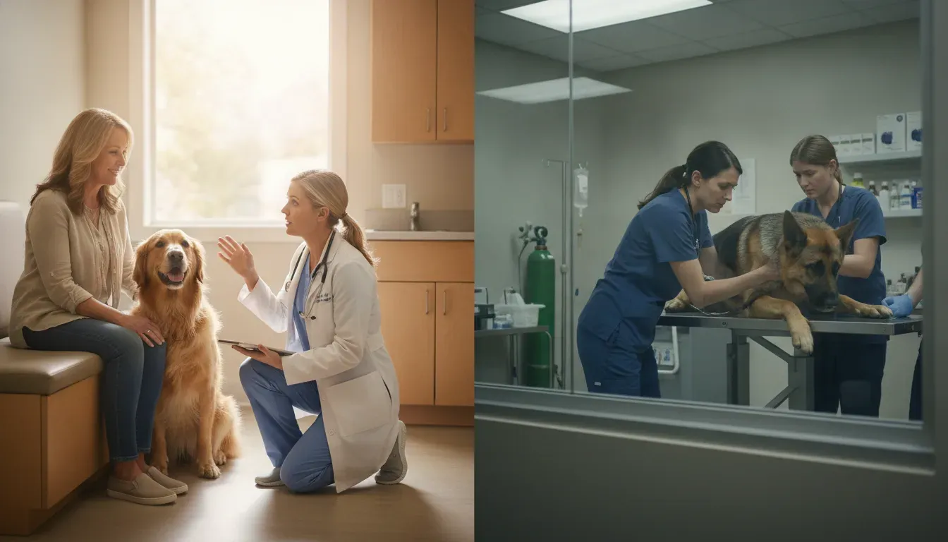 Photorealistic split scene showing a calm dog consultation and an emergency veterinary assessment