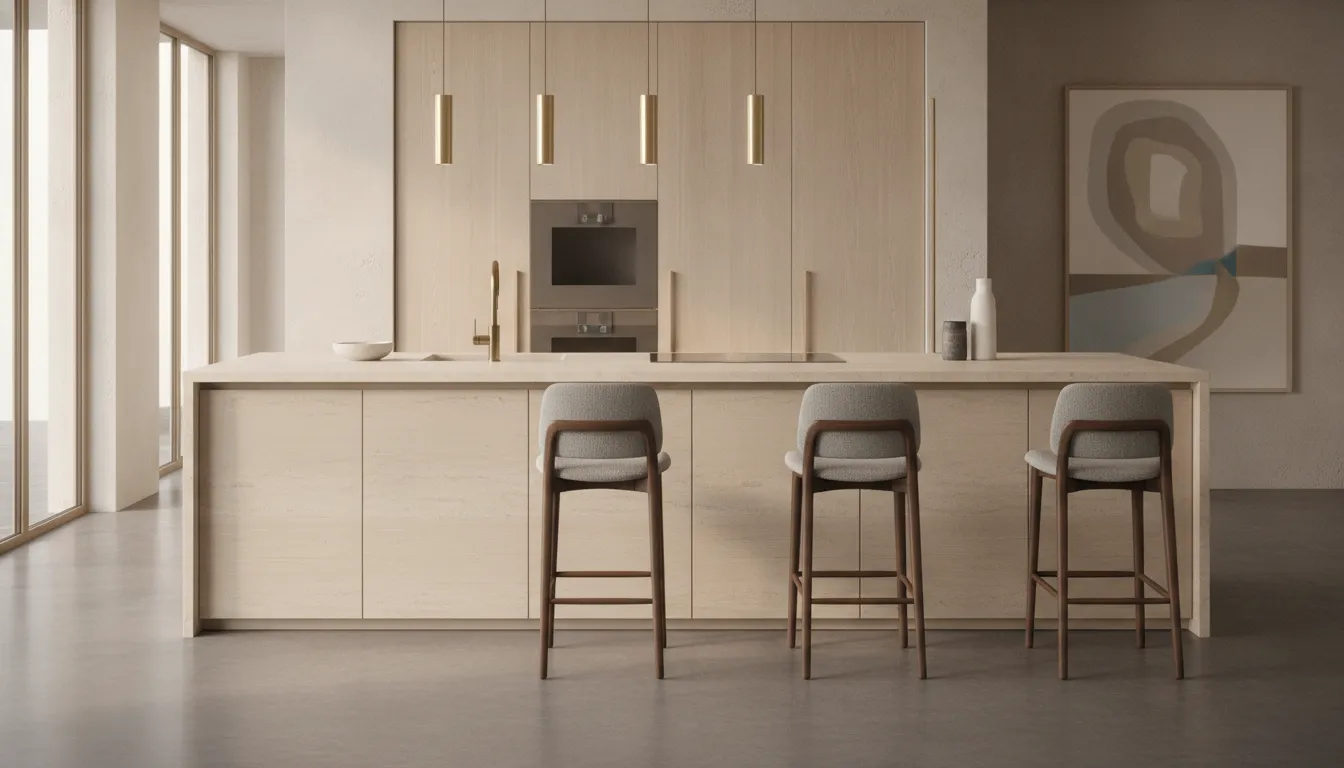 Three modern bar stools spaced comfortably at a European style kitchen island