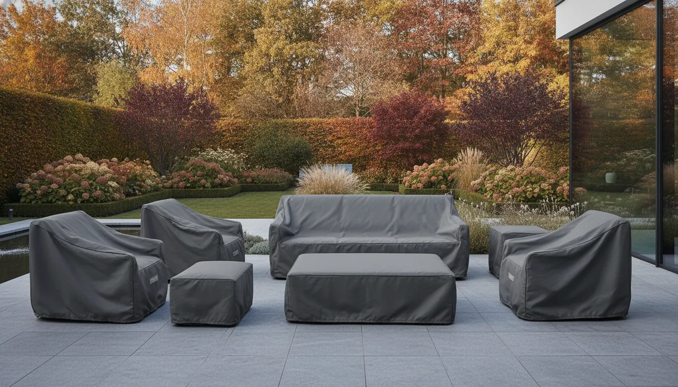 High-end modern European patio furniture covered in premium protective covers in a garden