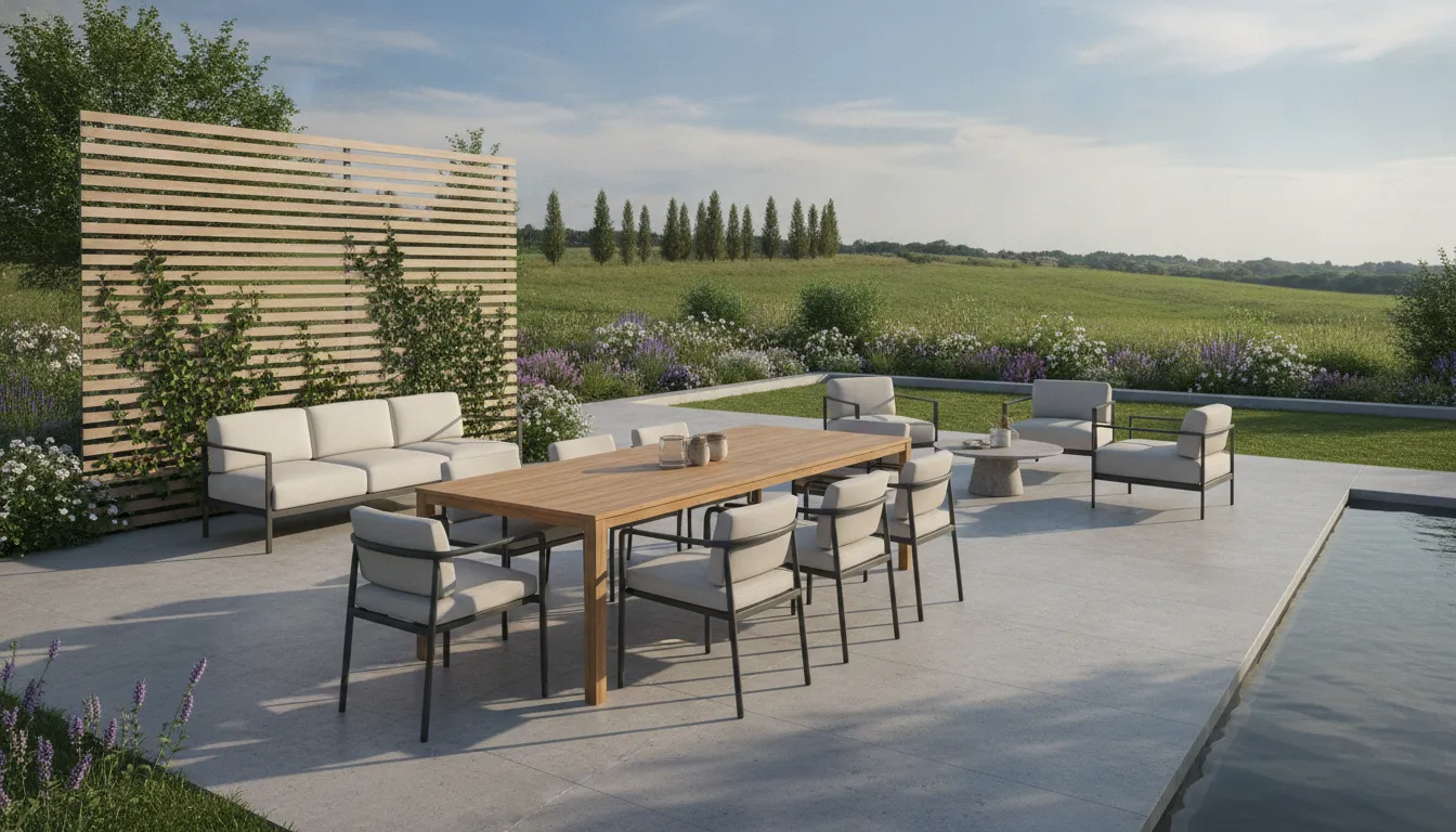 A luxurious modern European outdoor patio with high-end designer furniture