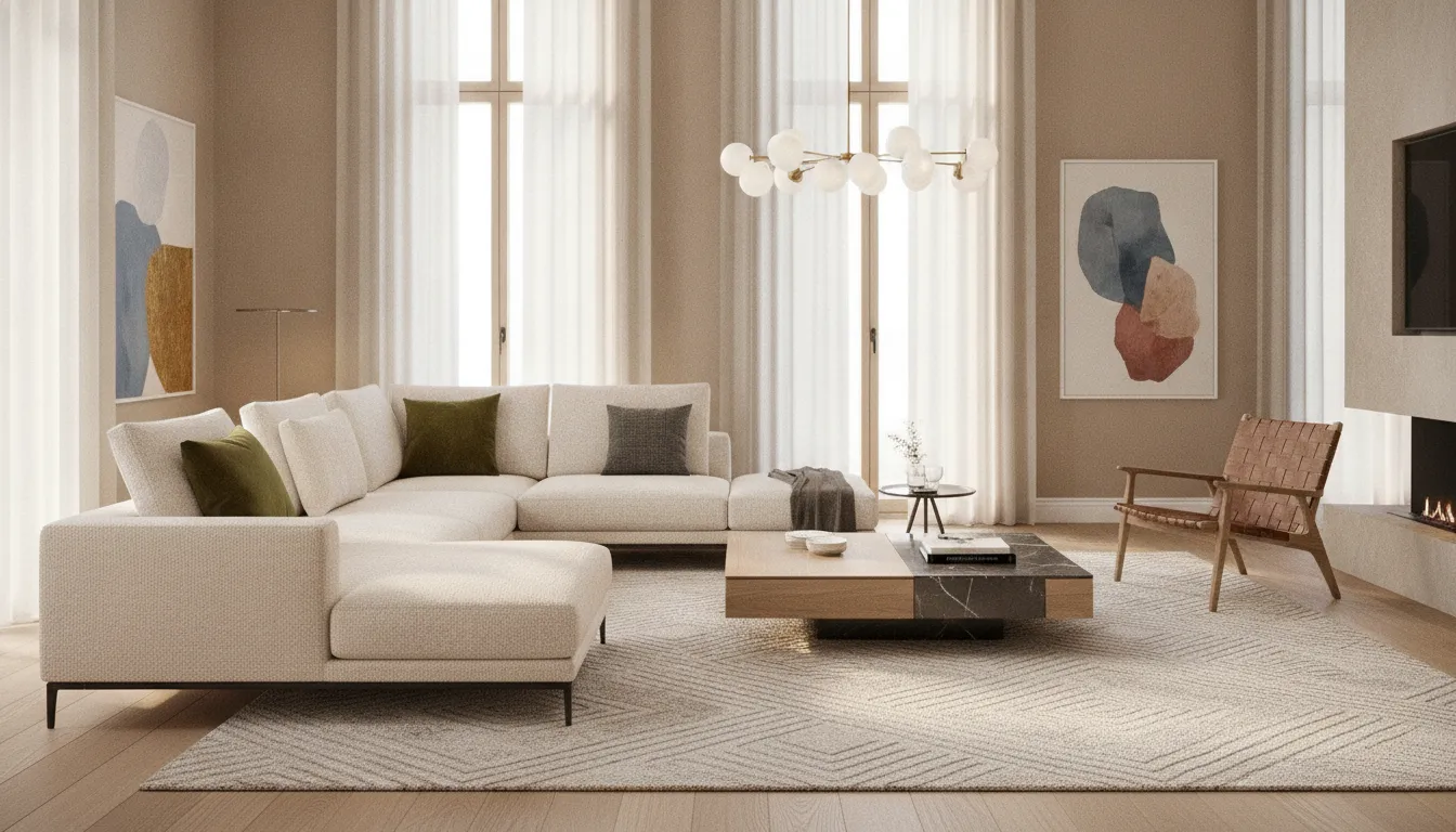 Luxury sectional sofa with chaise layout planning in a modern European living room