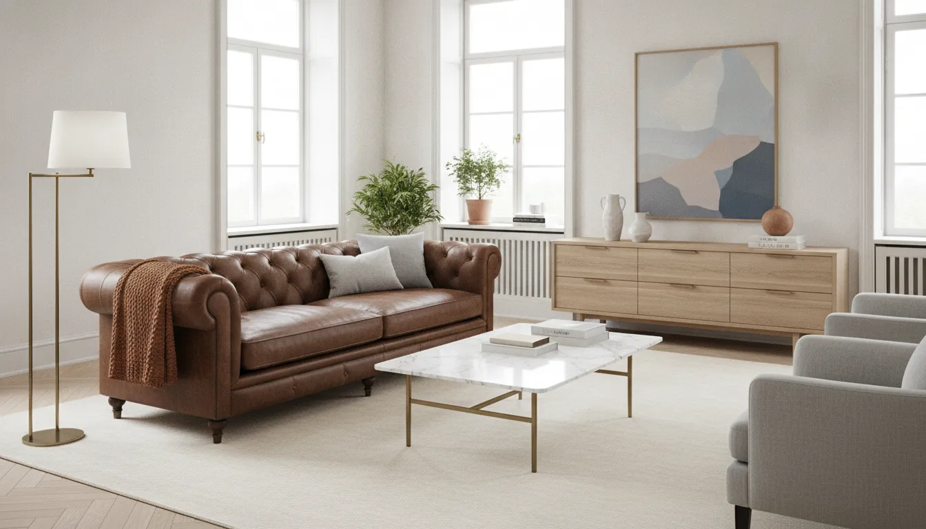 Bright living room blending Italian leather sofa and marble coffee table with Scandinavian light wood sideboard and natural textiles