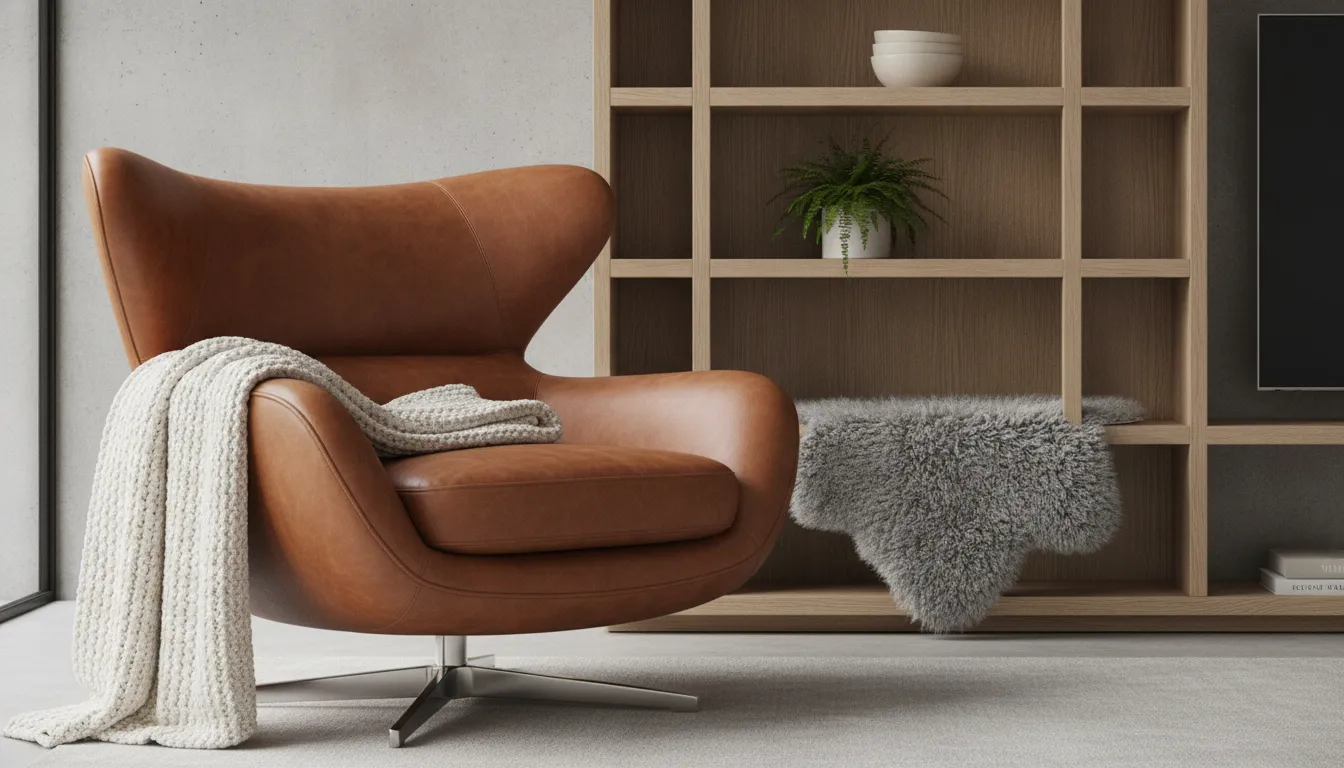 Italian leather armchair beside a Scandinavian light oak bookshelf with natural wool textiles in a modern living room