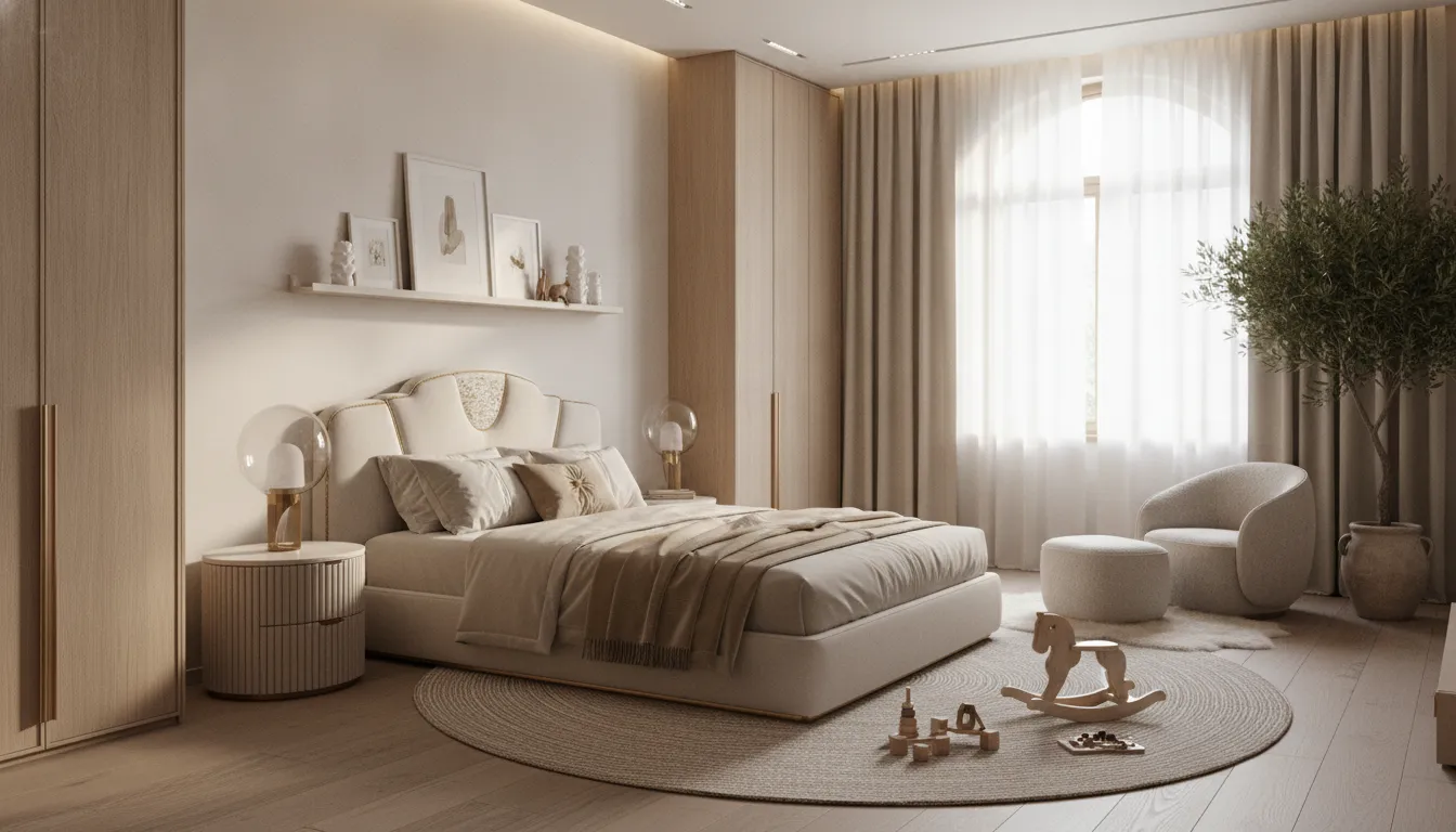 Luxury kids bedroom with European modern furniture, warm neutral tones, and natural light