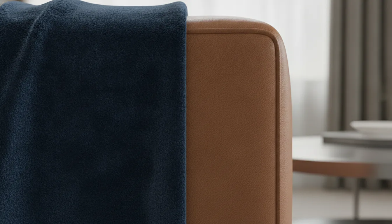 Close-up comparison of plush velvet fabric and smooth leather upholstery textures side by side