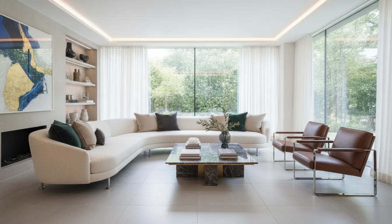 Luxury Italian modern living room with elegant sofa and designer coffee table in natural light