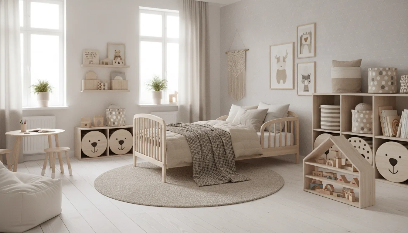 Scandinavian style children's room with wooden bed, soft beige textiles, and playful storage solutions