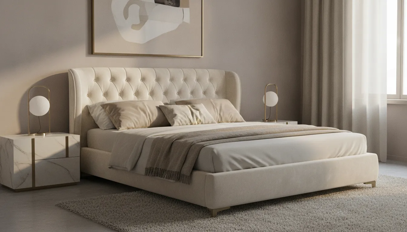 Elegant European upholstered bed frame with velvet headboard in a contemporary luxury bedroom setting