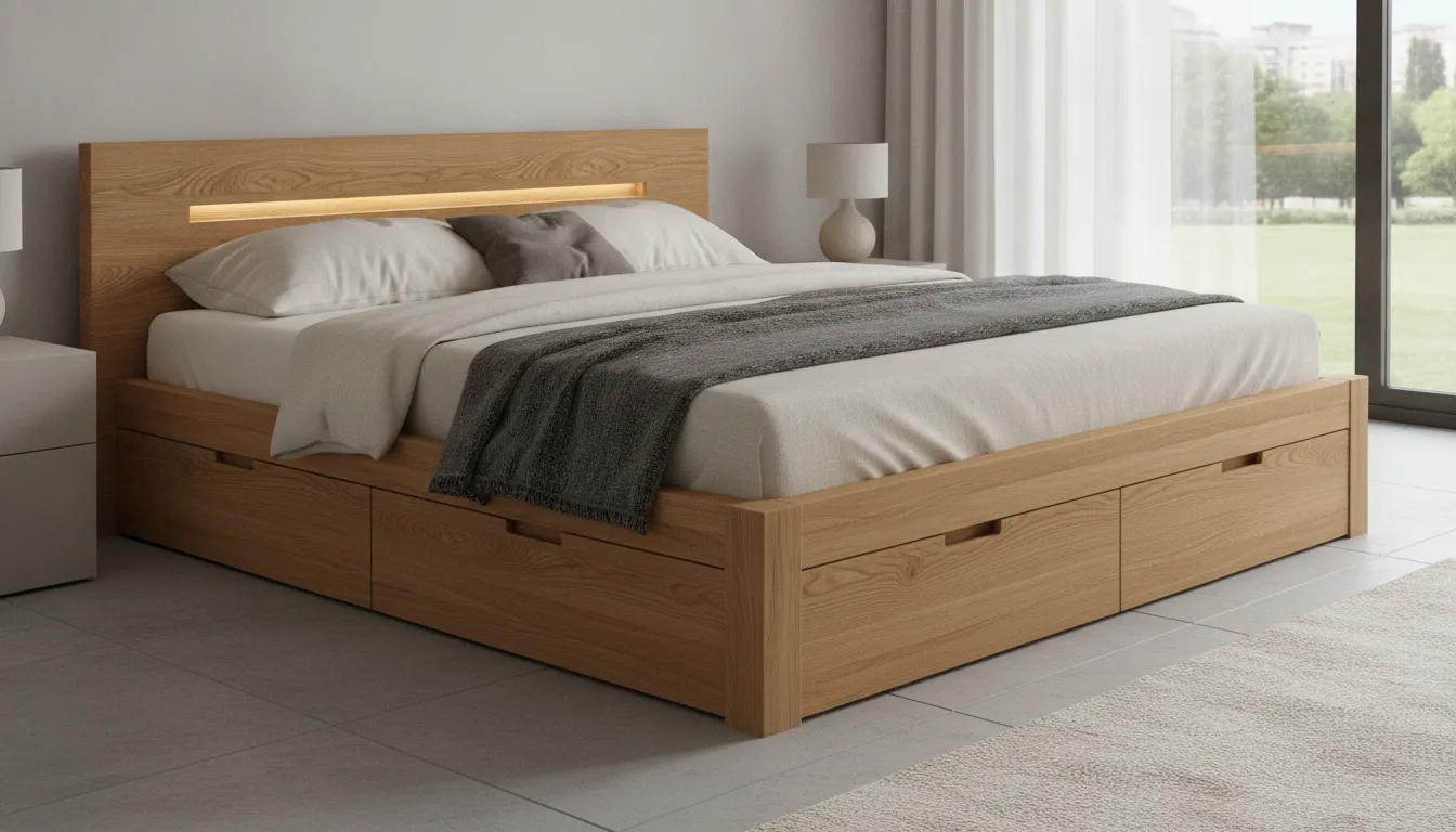 Contemporary European platform bed frame with storage drawers in warm wood tones
