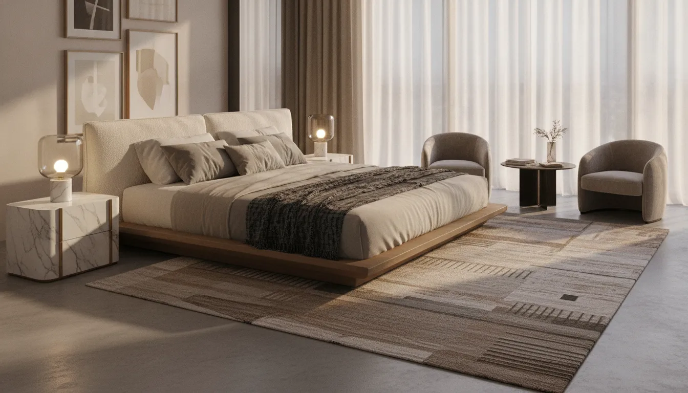 Neutral upholstered platform bed styled with contemporary European bedroom furniture