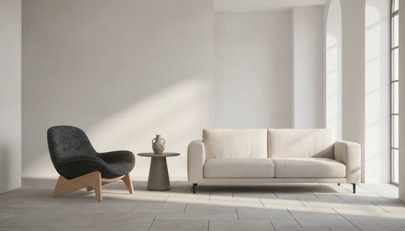 Sculptural luxury accent chair beside a modern sofa and side table