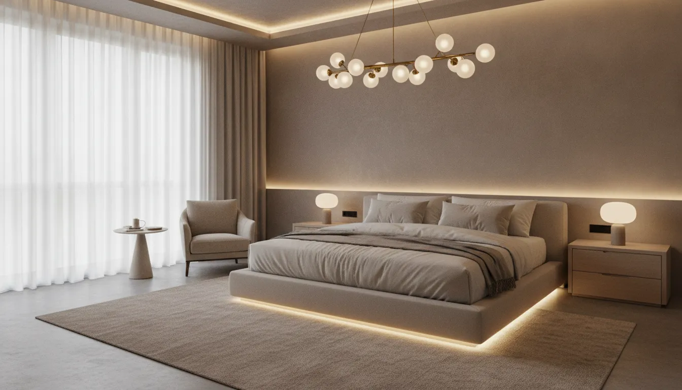 Modern bedroom chandelier above a platform bed with warm ambient lighting and neutral decor