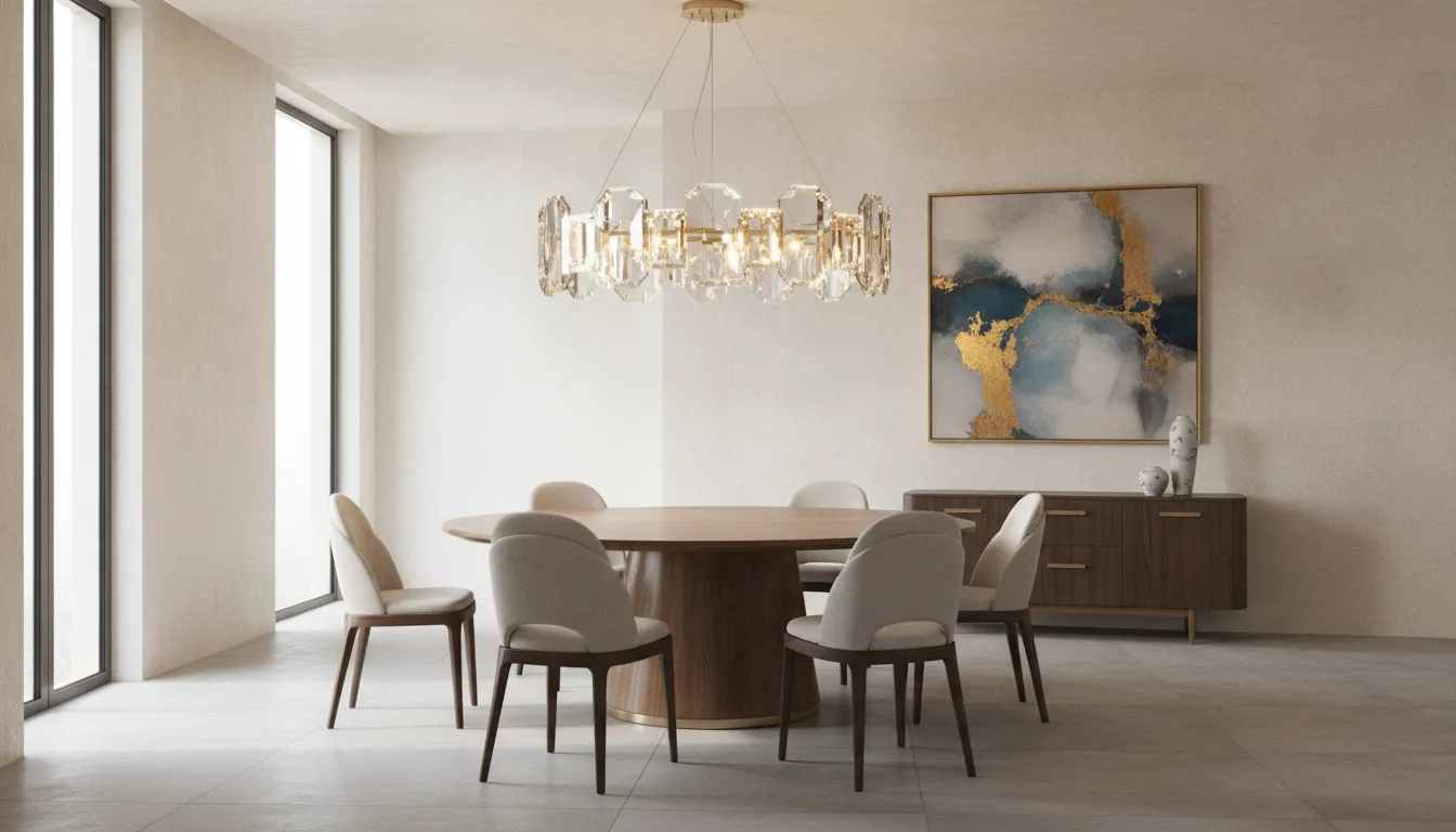 Italian crystal chandelier suspended over a round dining table in a contemporary room